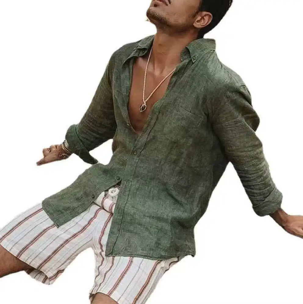 Men's new men's long sleeve buttoned cotton linen shirt lapel cardigan