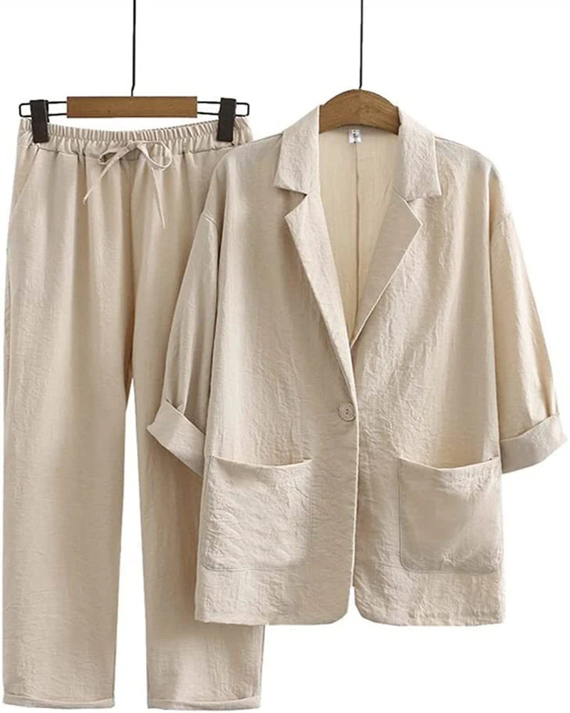 Spring Summer Women Cotton Linen Blazer Suit