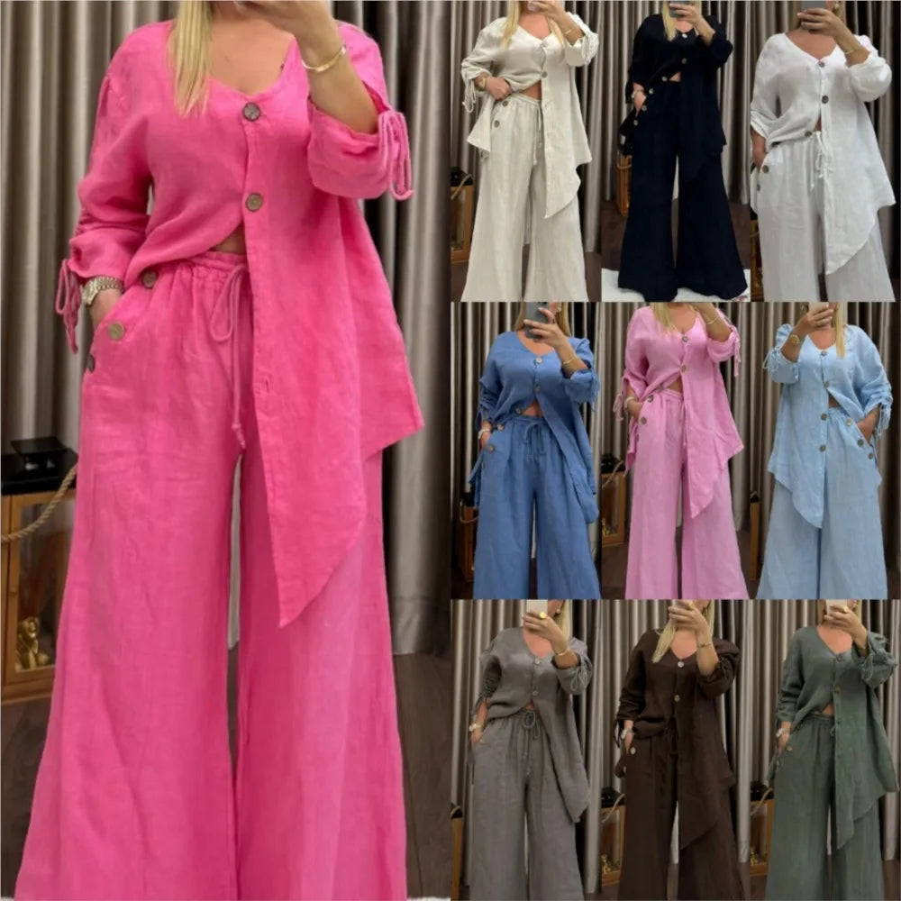 Fashion Cotton Linen Irregular Button Shirt Set Women Autumn