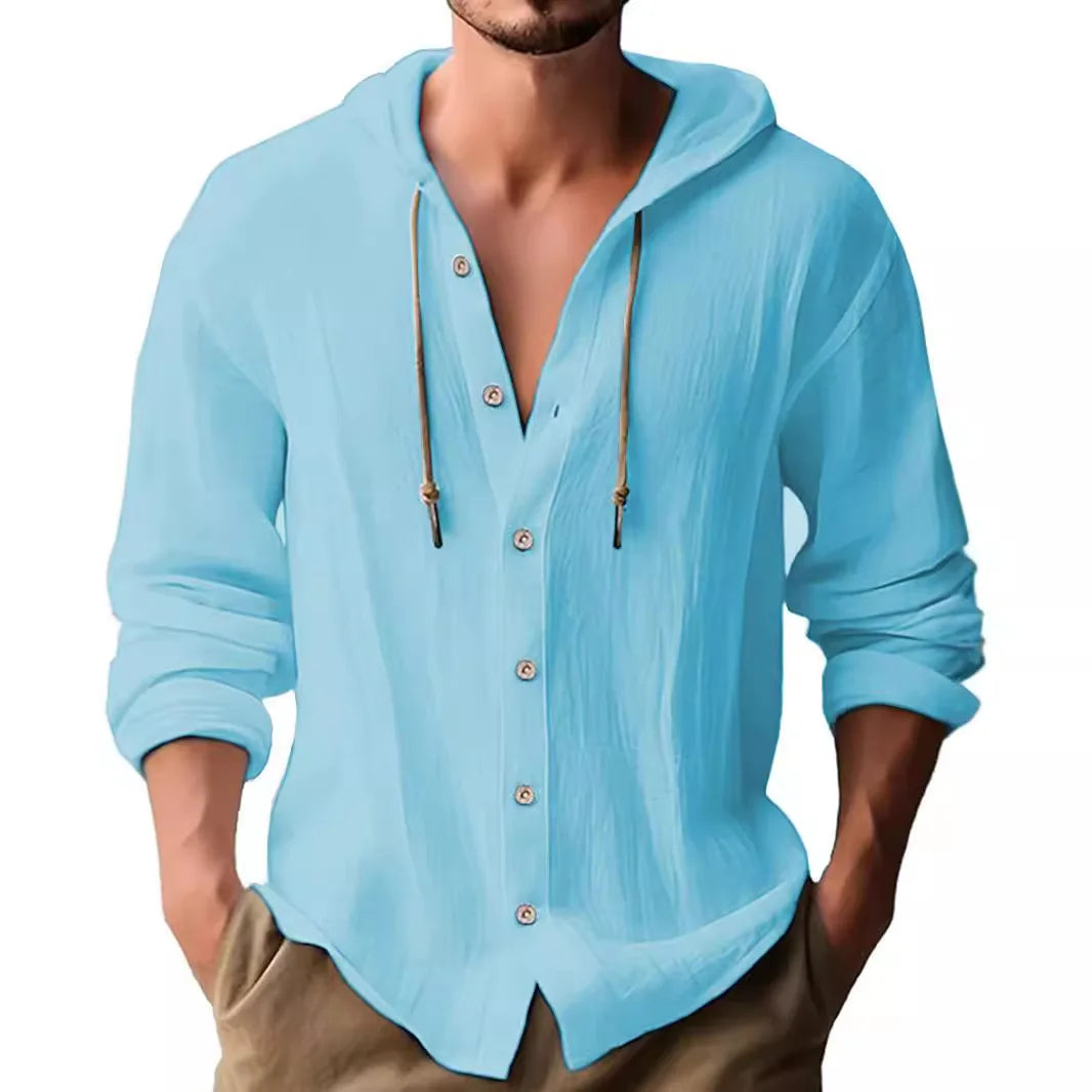 Summer Men's Linen Shirt Solid Streetwear Long Sleeve Hoodie Cardigan Clothing