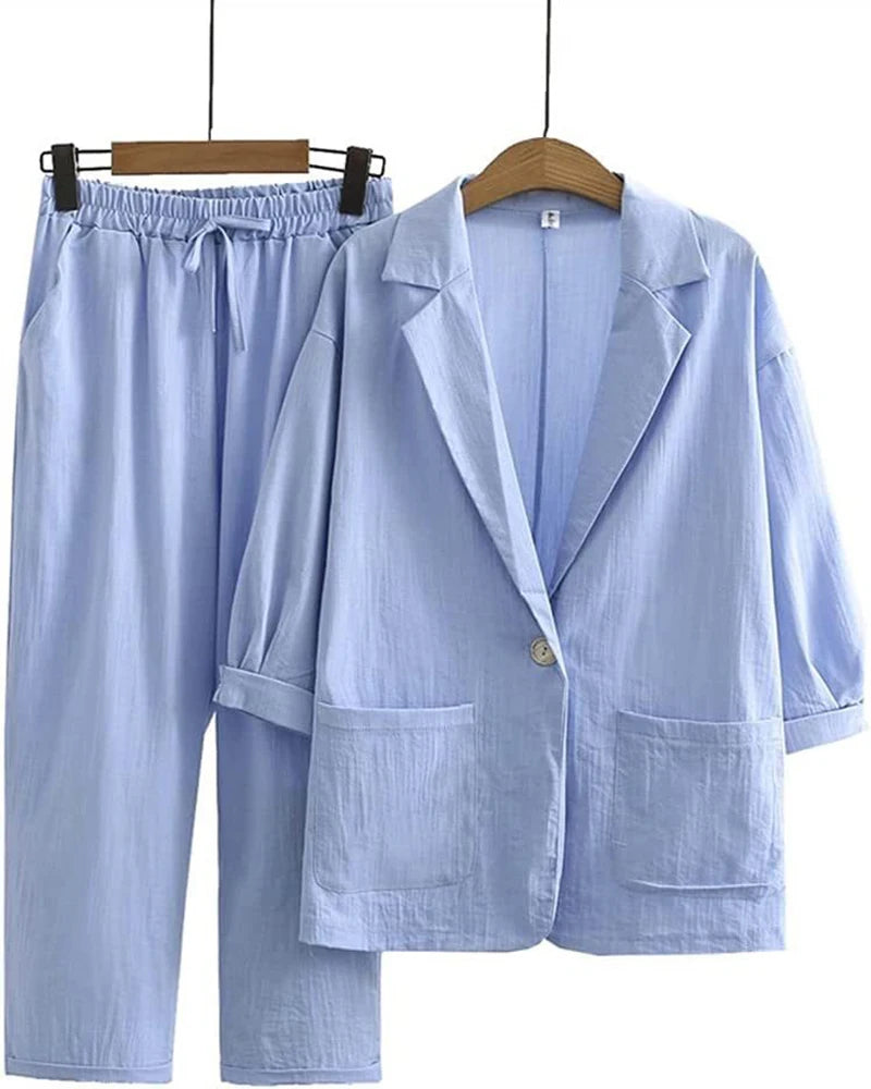 Spring Summer Women Cotton Linen Blazer Suit