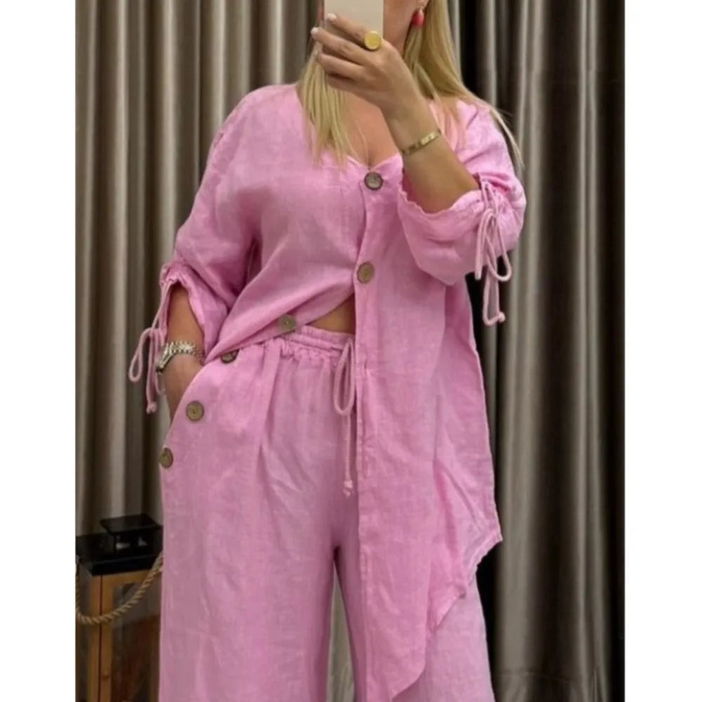 Fashion Cotton Linen Irregular Button Shirt Set Women Autumn