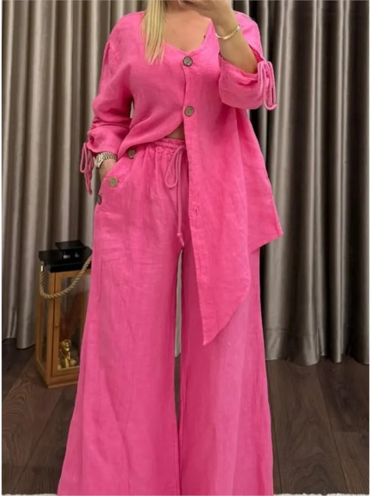 Fashion Casual Two Piece Outfits Woman Solid Cotton And Linen Loose Button Set For Women's Cardigan Wide-leg Pants 2-piece Set
