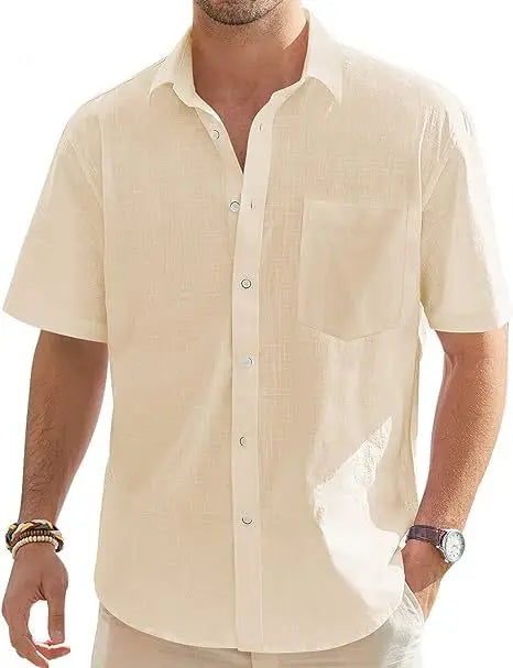 2025 Men's Summer Cotton Linen Short-sleeved Cardigan Casual Button Beach Vacation Loose