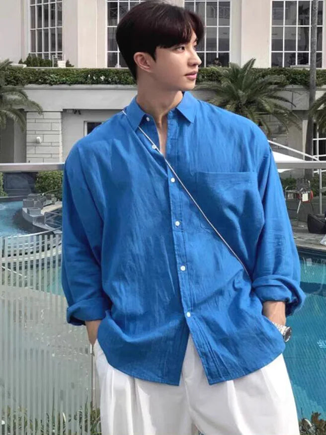 Blue Cotton Linen Loose Fit Thin Breathable Long