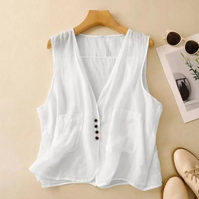 Women's Summer Thin Cotton Linen Vest Basic Solid