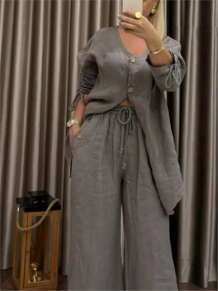 Fashion Cotton Linen Irregular Button Shirt Set Women Autumn