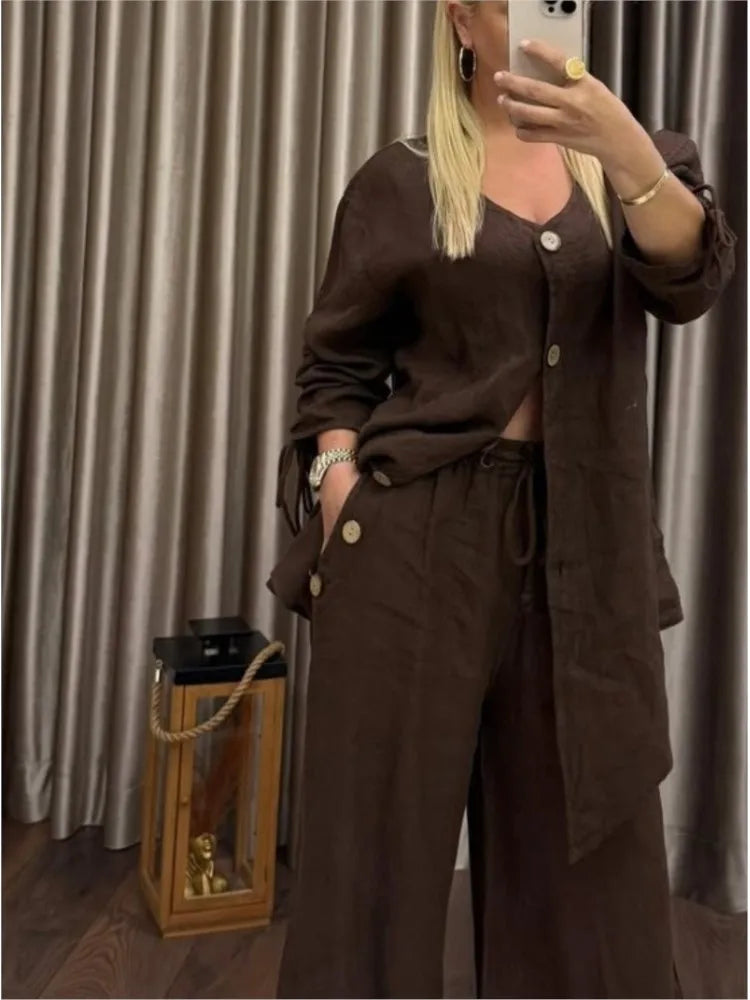 Fashion Cotton Linen Irregular Button Shirt Set Women Autumn
