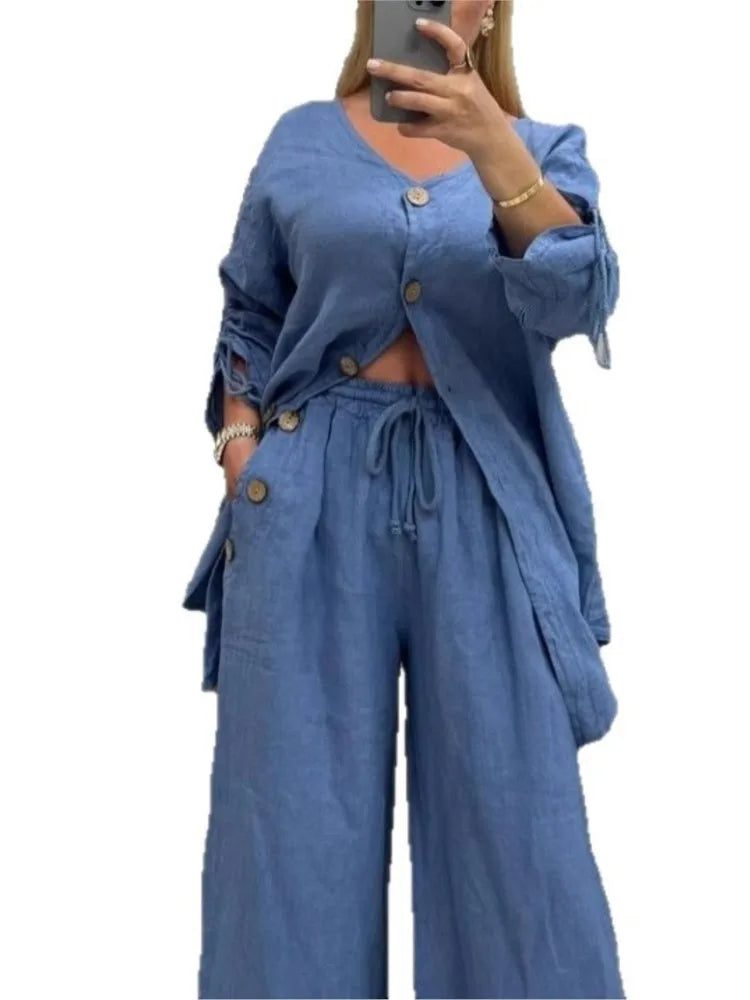 Fashion Casual Two Piece Outfits Woman Solid Cotton And Linen Loose Button Set For Women's Cardigan Wide-leg Pants 2-piece Set