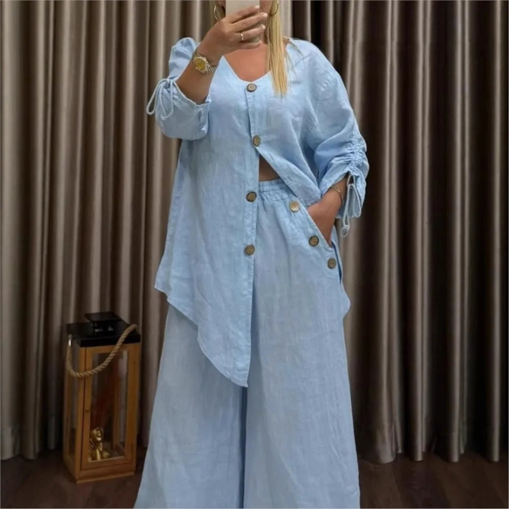 Fashion Cotton Linen Irregular Button Shirt Set Women Autumn