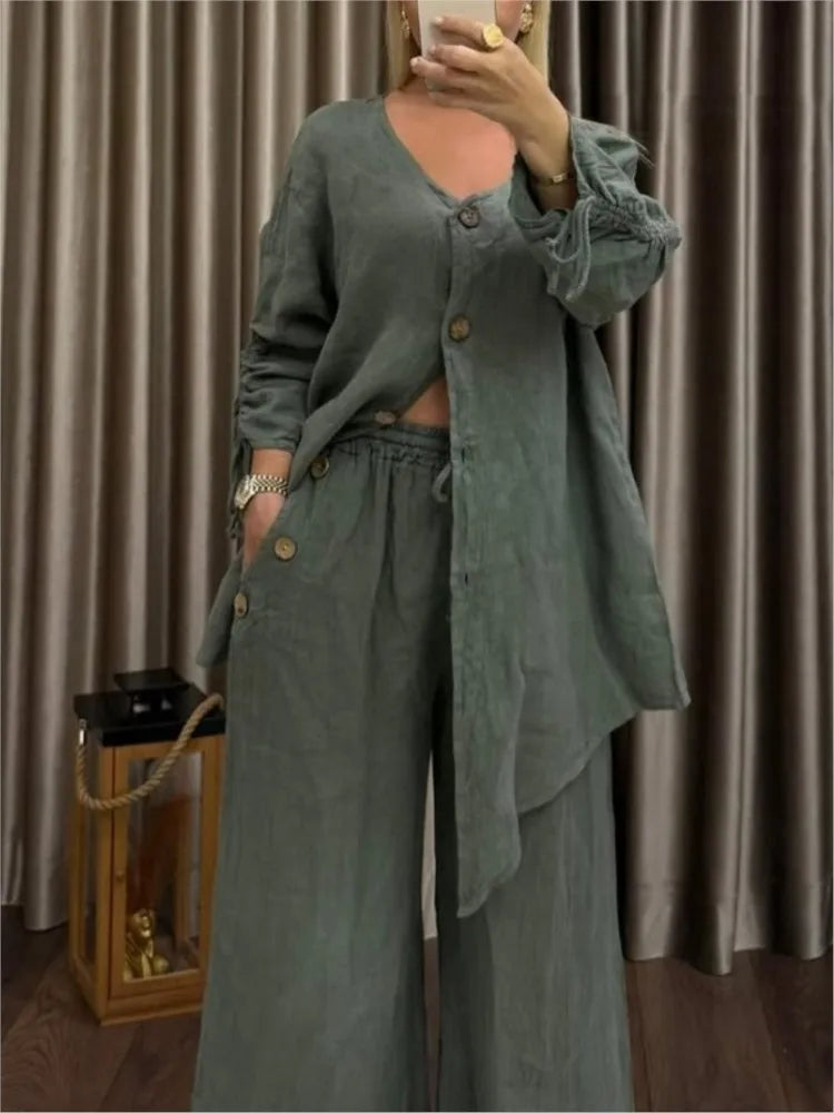 Fashion Cotton Linen Irregular Button Shirt Set Women Autumn