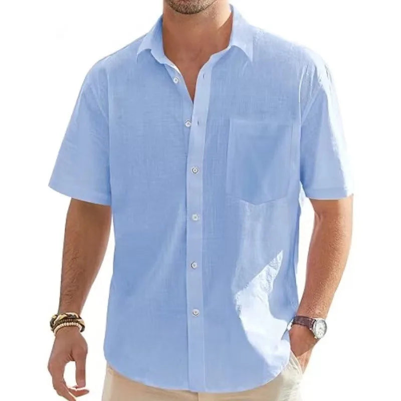 2025 Men's Summer Cotton Linen Short-sleeved Cardigan Casual Button Beach Vacation Loose