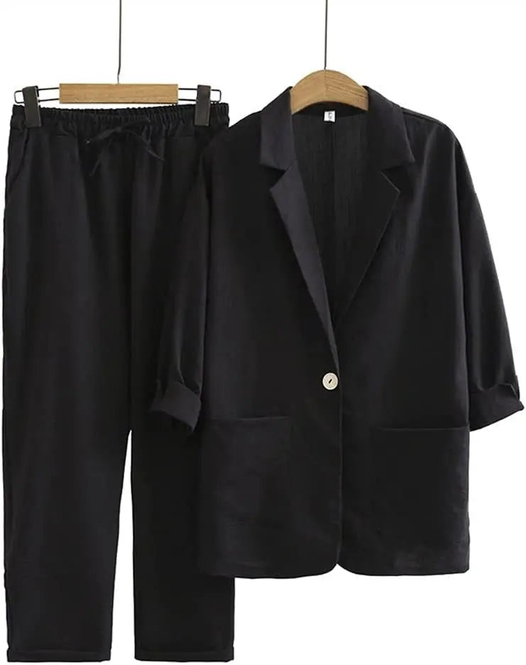 Spring Summer Women Cotton Linen Blazer Suit