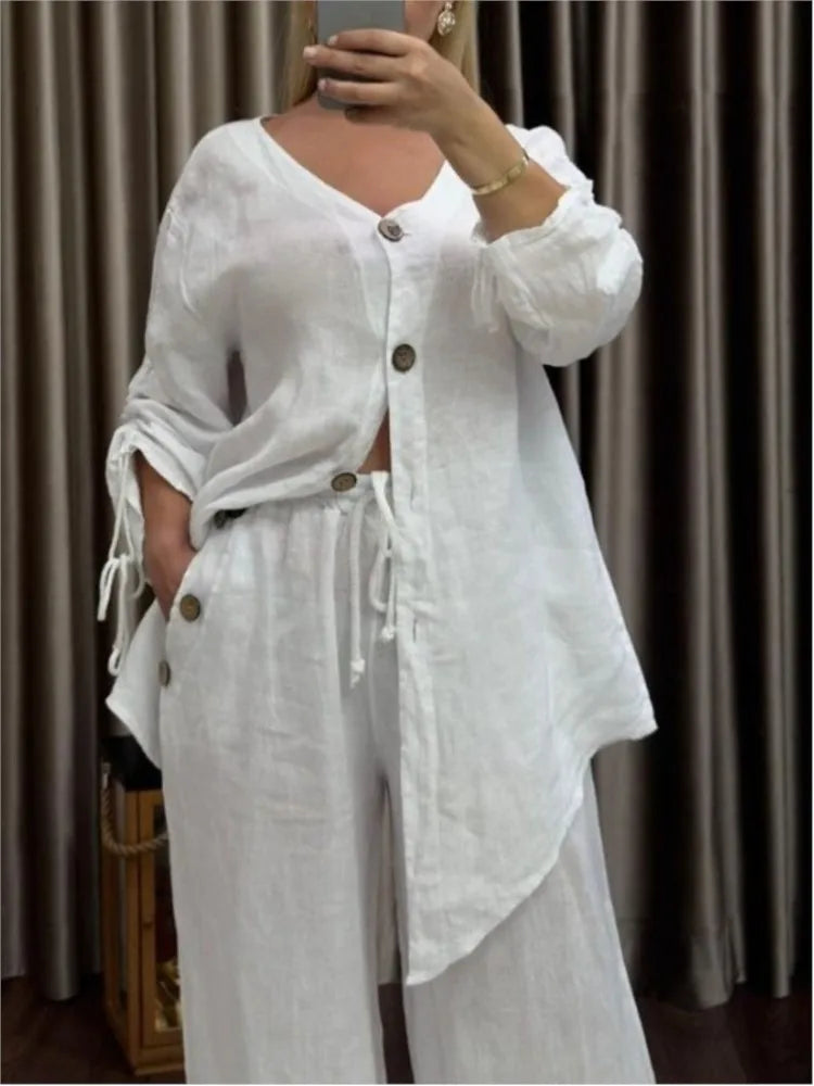 Fashion Cotton Linen Irregular Button Shirt Set Women Autumn