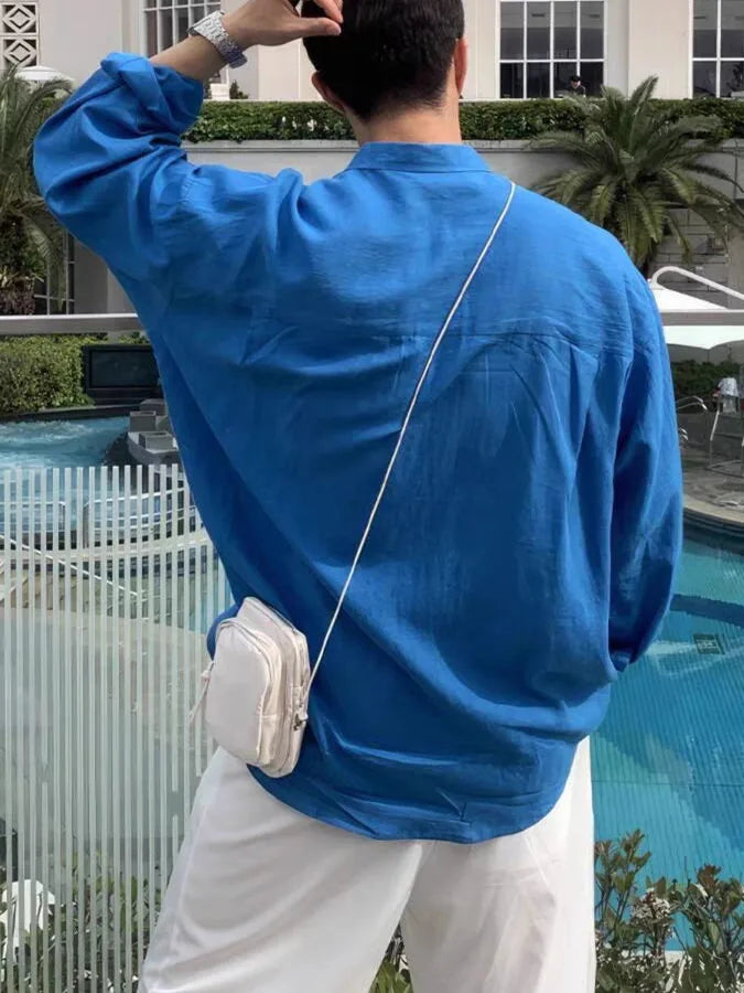 Blue Cotton Linen Loose Fit Thin Breathable Long