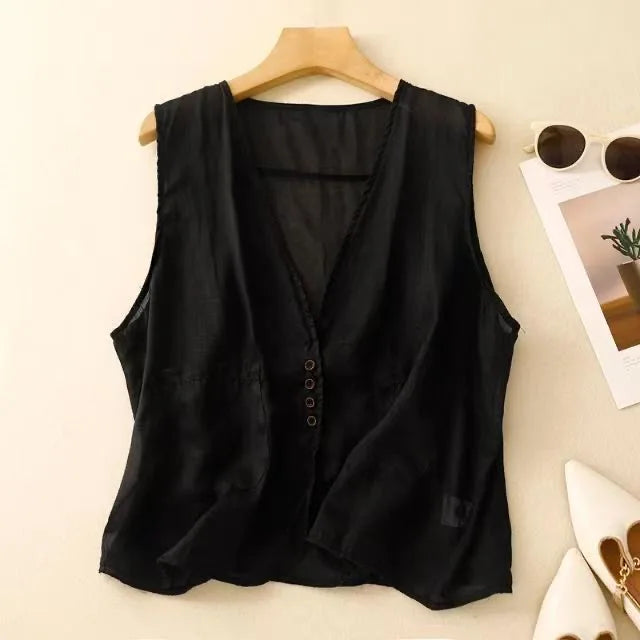 Women's Summer Thin Cotton Linen Vest Basic Solid