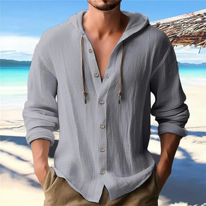 Men's lightweight beach shirt with hood   Henry shirt Casual Long
