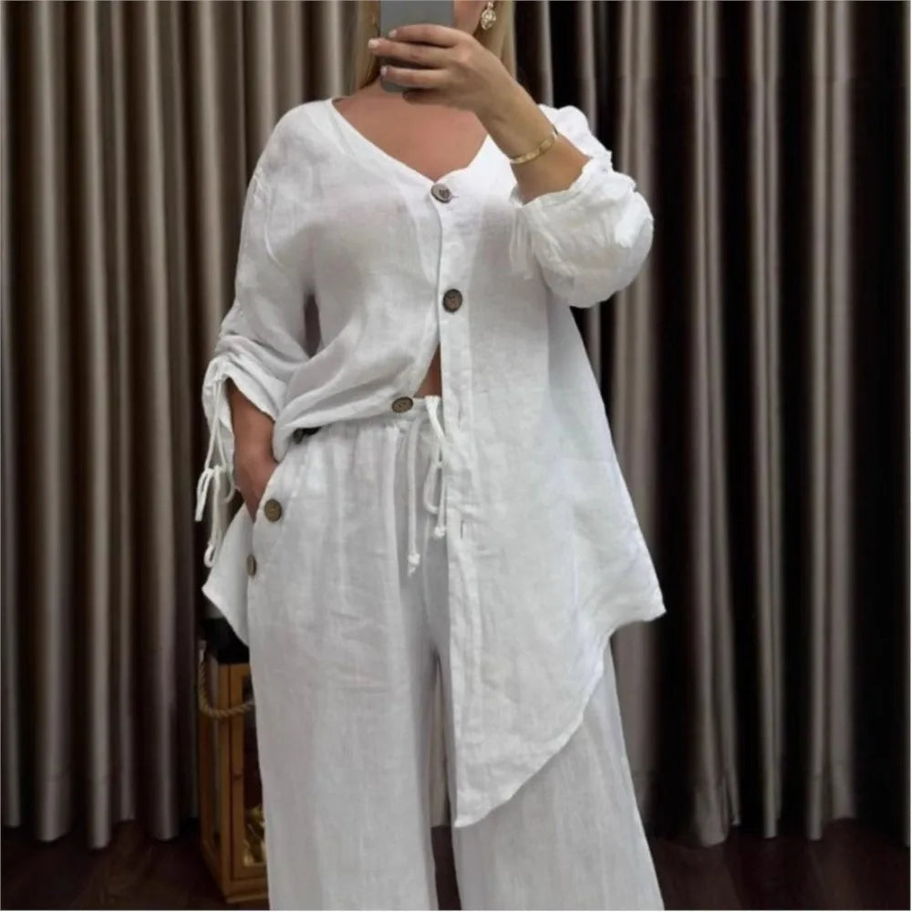 Fashion Cotton Linen Irregular Button Shirt Set Women Autumn