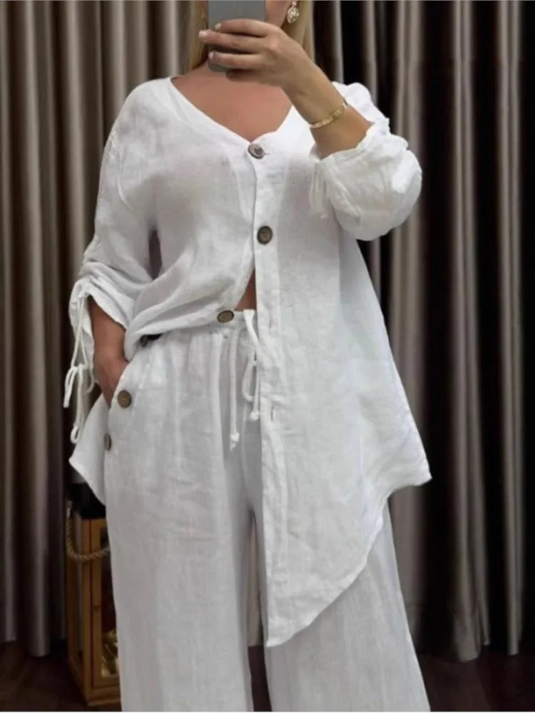 Fashion Casual Two Piece Outfits Woman Solid Cotton And Linen Loose Button Set For Women's Cardigan Wide-leg Pants 2-piece Set