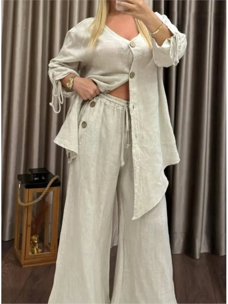 Fashion Casual Two Piece Outfits Woman Solid Cotton And Linen Loose Button Set For Women's Cardigan Wide-leg Pants 2-piece Set