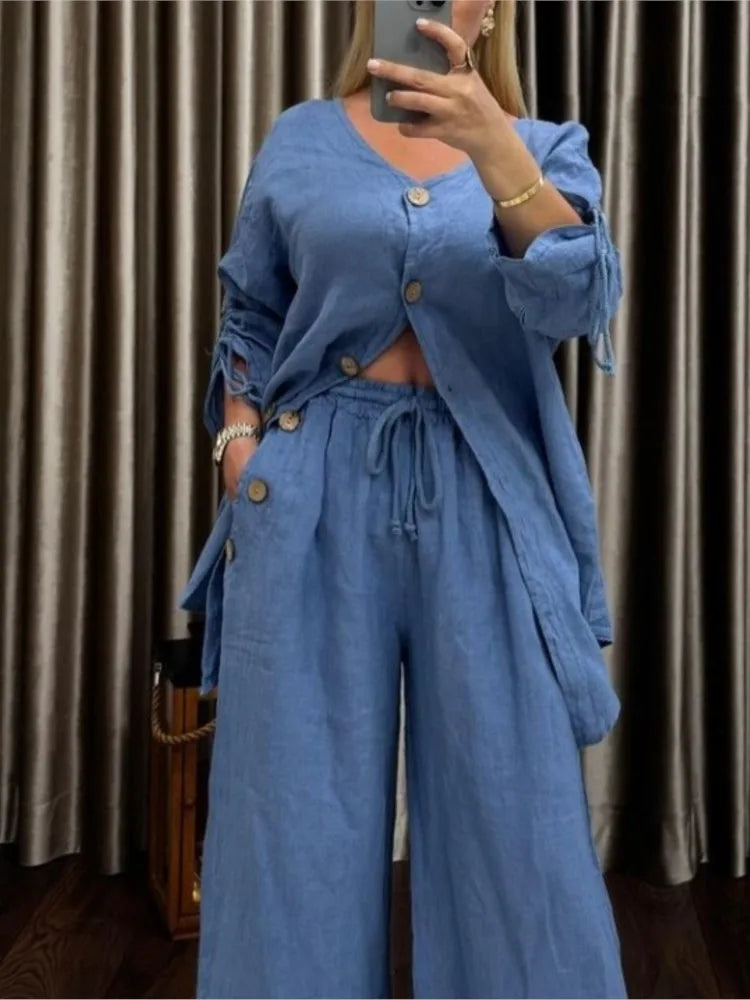 Fashion Cotton Linen Irregular Button Shirt Set Women Autumn