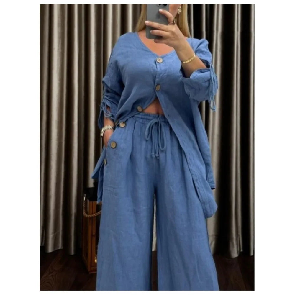 Fashion Cotton Linen Irregular Button Shirt Set Women Autumn