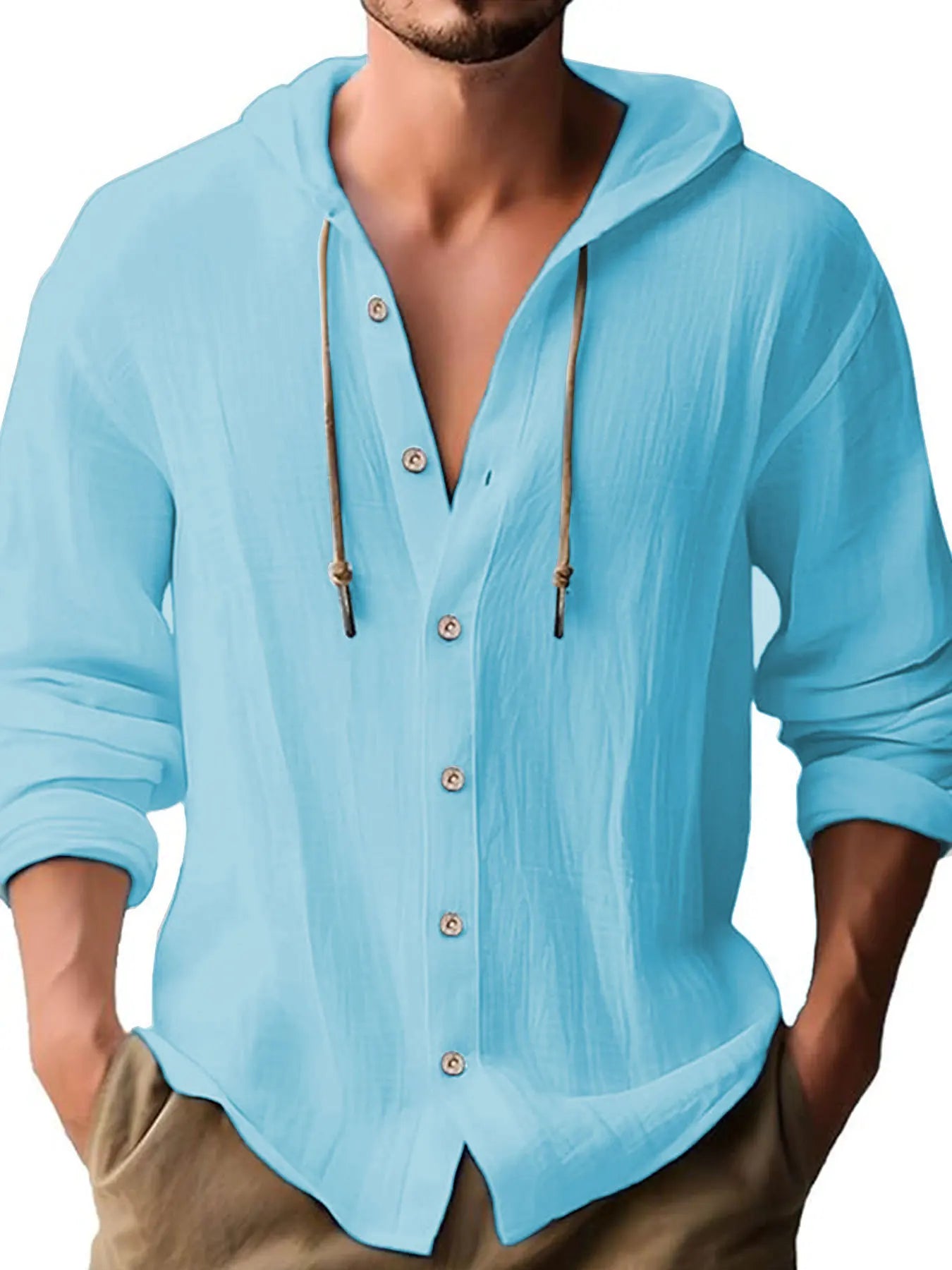 Men's lightweight beach shirt with hood   Henry shirt Casual Long