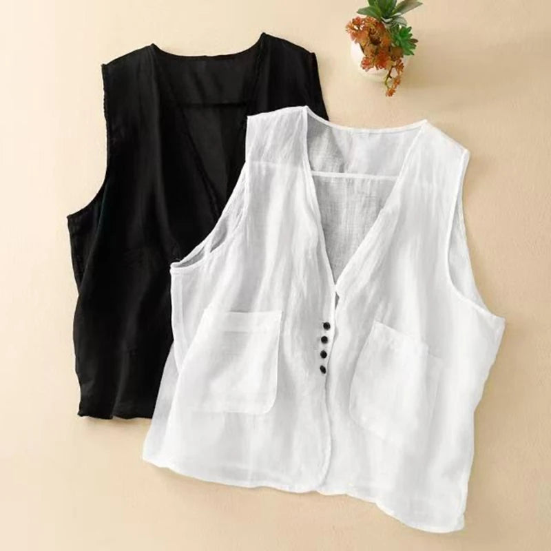Women's Summer Thin Cotton Linen Vest Basic Solid