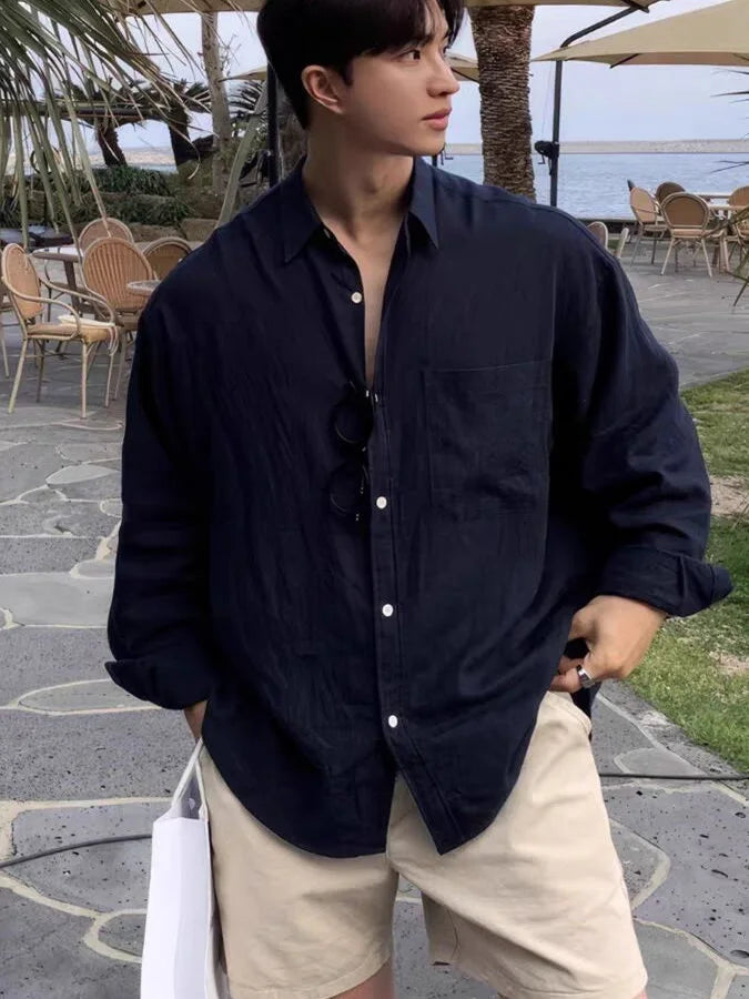 Blue Cotton Linen Loose Fit Thin Breathable Long