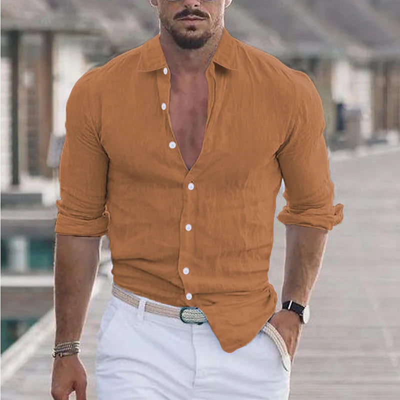 Summer Men's Cotton Linen Long Sleeve Casual Shirt Hawaii Fashion