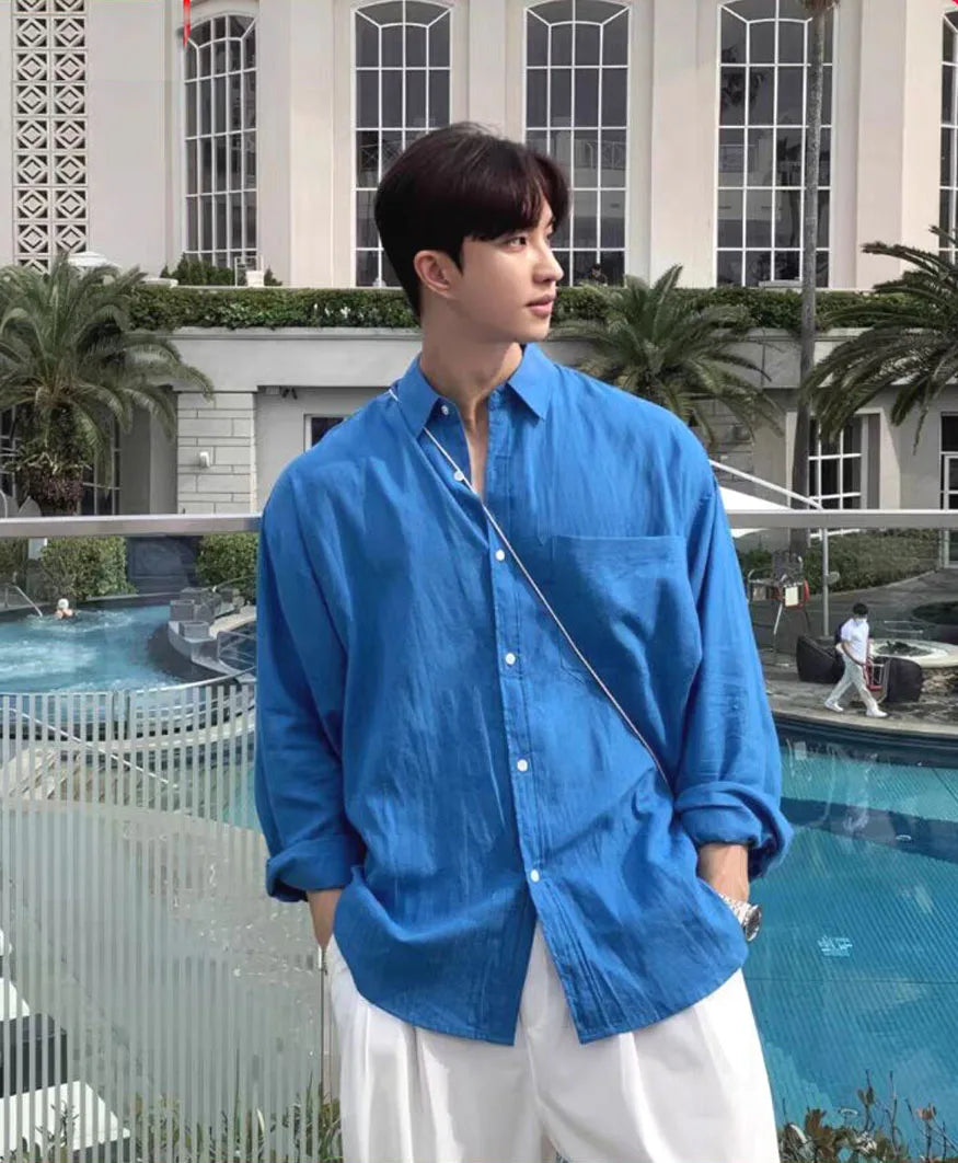 Blue Cotton Linen Loose Fit Thin Breathable Long