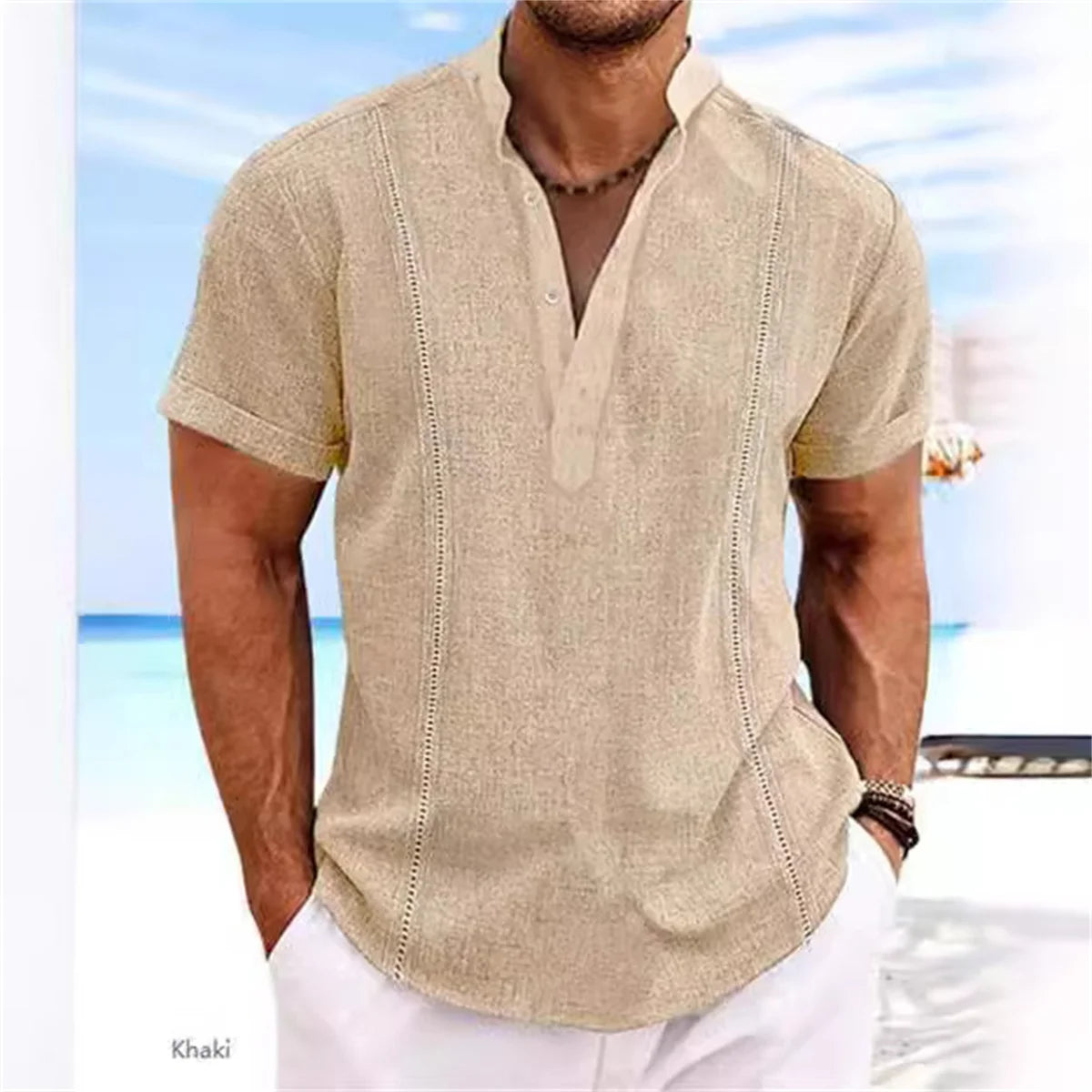 Men's Shirt Cotton Linen Short Sleeve Stitching Design Solid Color Beach Style Fashion Cardigan Summer Loose High Quality