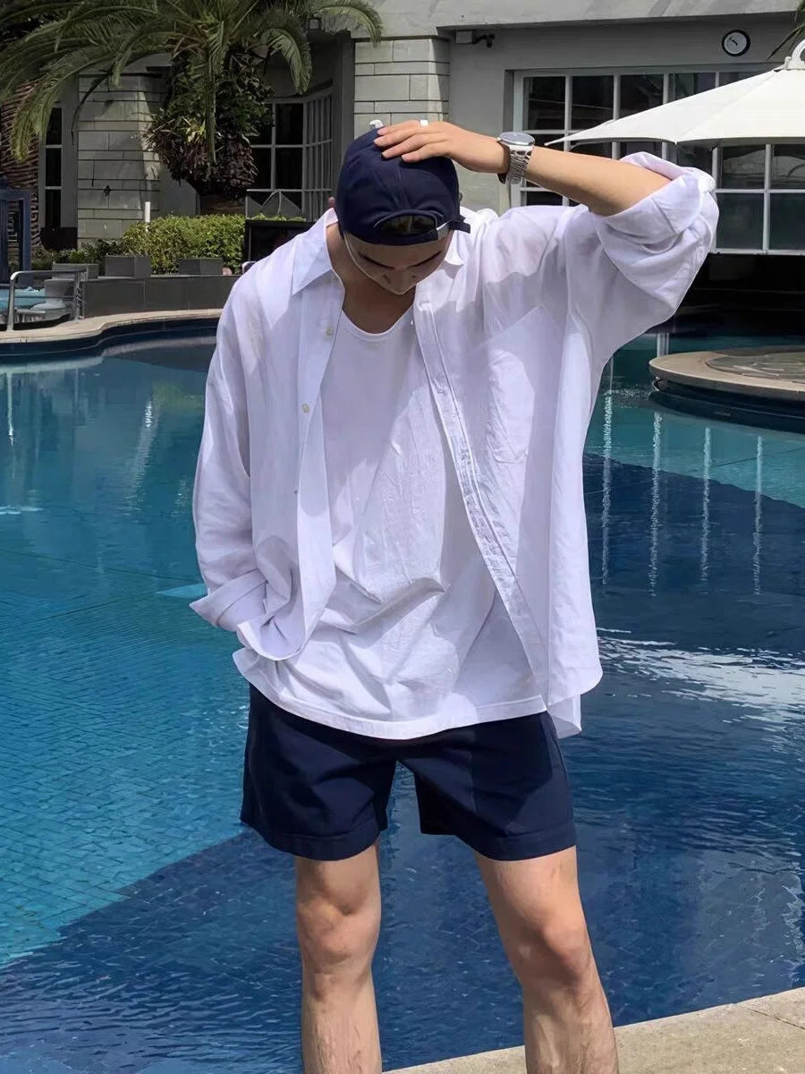 Blue Cotton Linen Loose Fit Thin Breathable Long