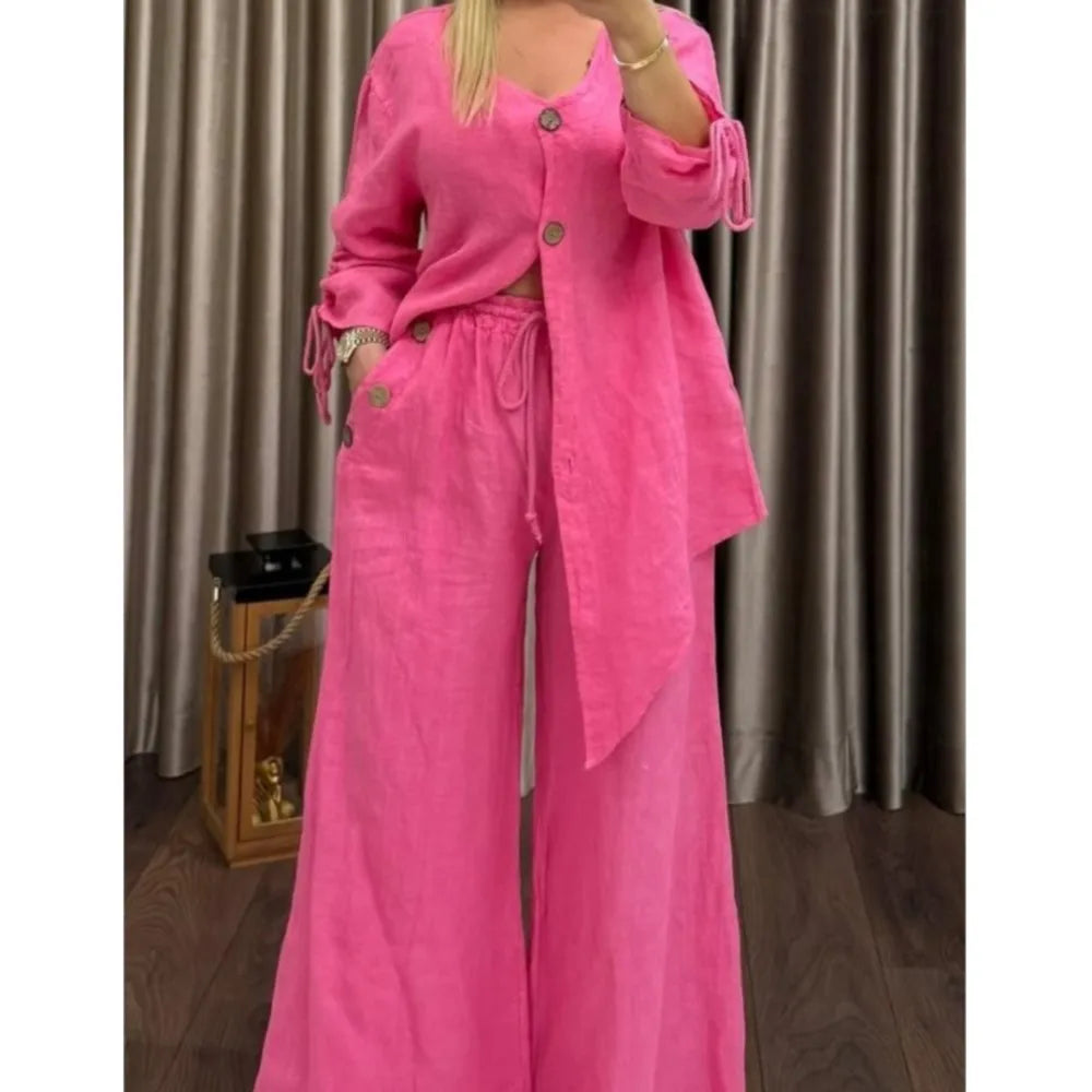 Fashion Cotton Linen Irregular Button Shirt Set Women Autumn