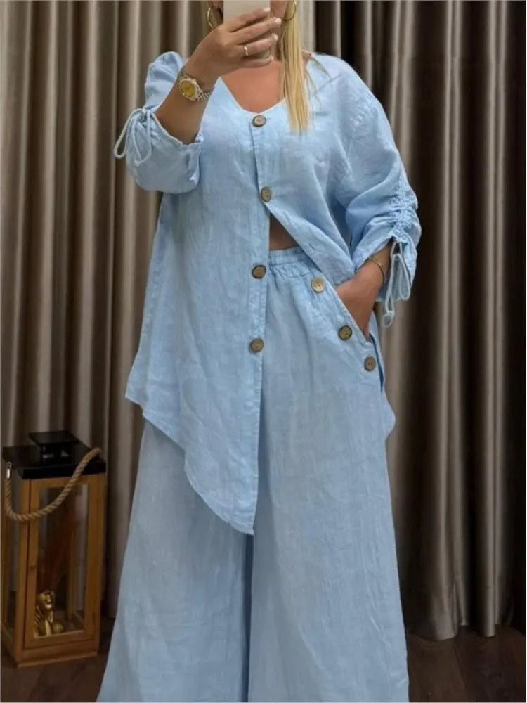 Fashion Cotton Linen Irregular Button Shirt Set Women Autumn