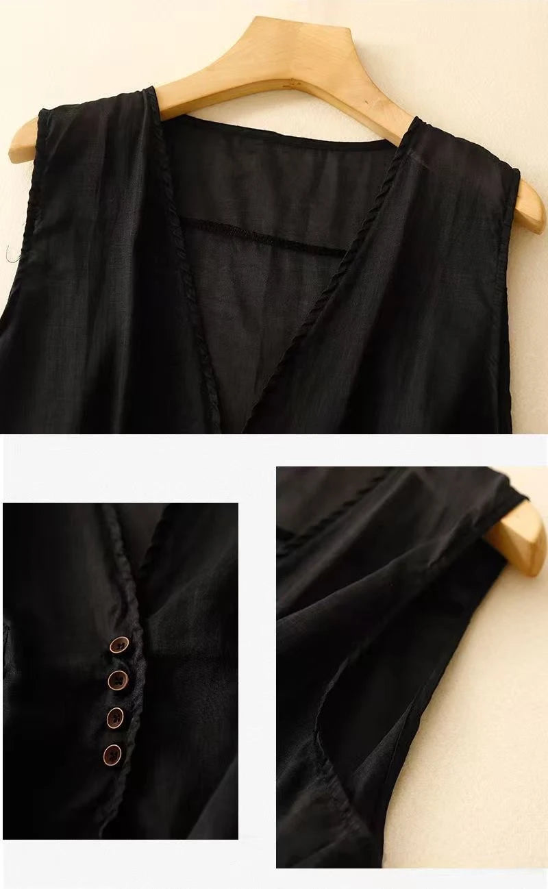 Women's Summer Thin Cotton Linen Vest Basic Solid